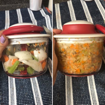 Reviewer before and after photos showing roughly chopped veggies finely minced by the chopper