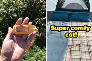 on the left writer's hand holding headlamp, on the right reviewer's cot in a tent labeled "super comfy cot"