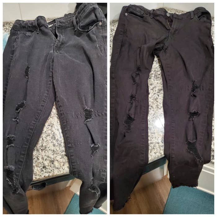 Reviewer&#x27;s before-and-after of faded black jeans compared to much darker black jeans 