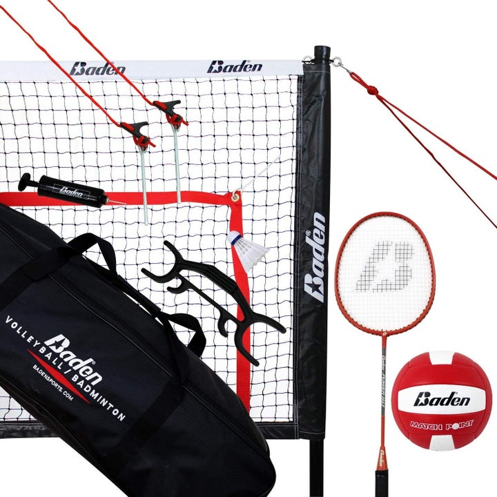 Black and white net with red accents, black carrying case, red and white volleyball, and red racquet 
