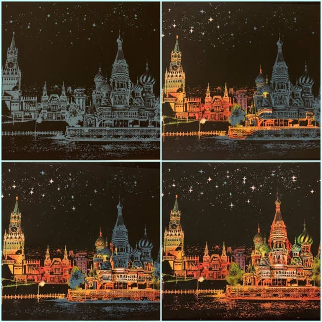 The page, a Moscow cityscape before, during, and after being scratched in to reveal the bright colors