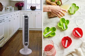 Standing fan in kitchen; hand pouring liquid into popsicle molds 