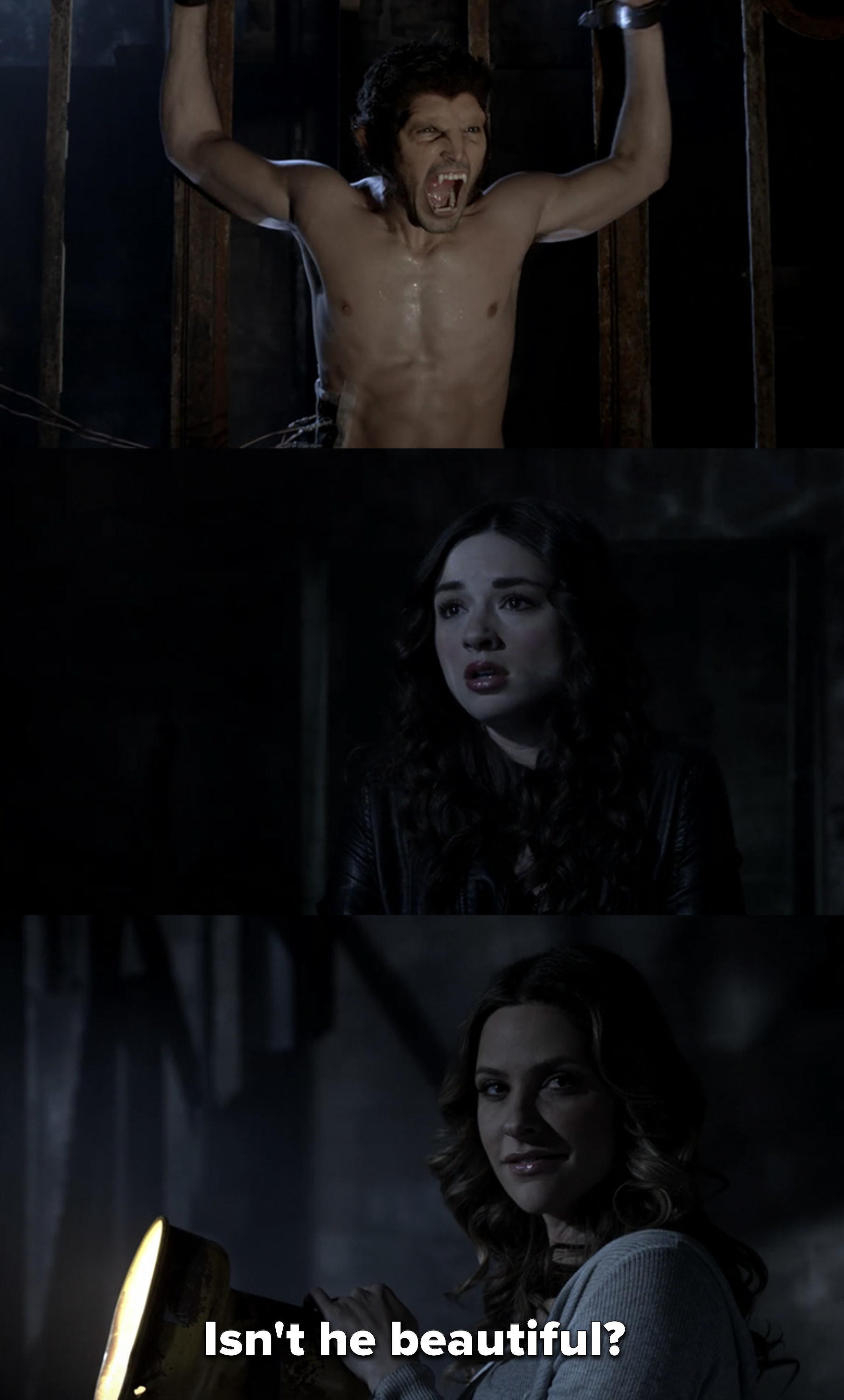Kate shines the light on a tied up Derek in werewolf form and tells Allison it&#x27;s beautiful