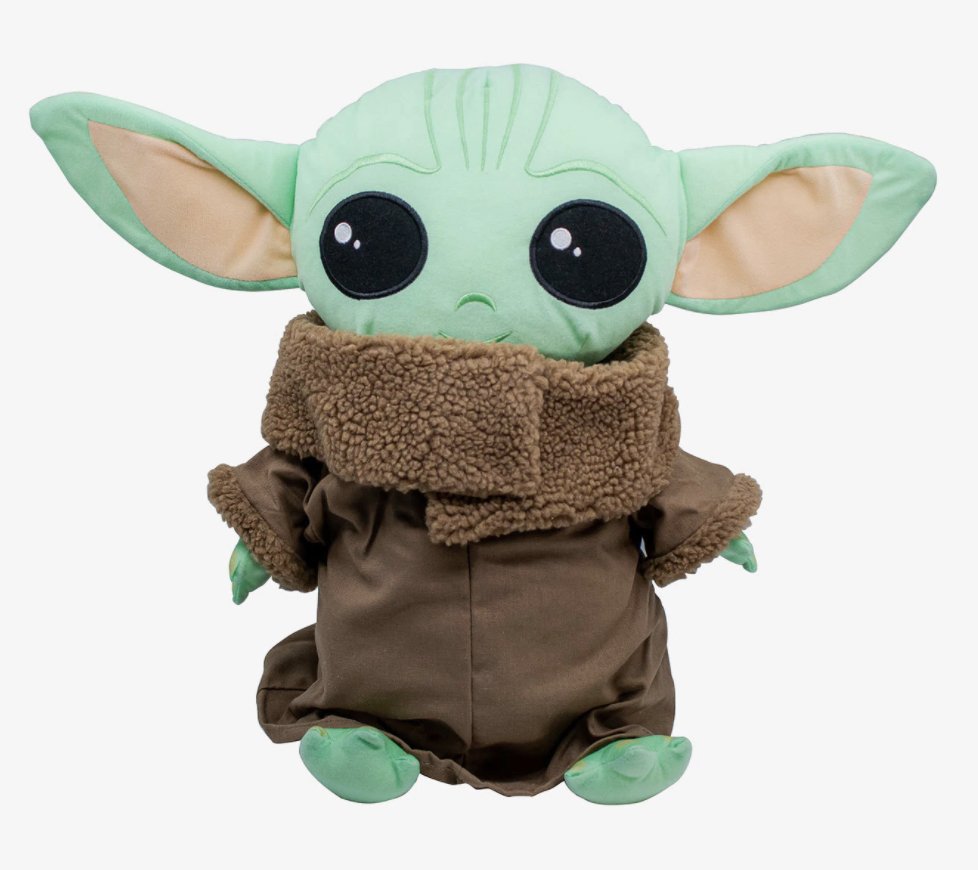 a flatter, pillow-like baby yoda in a dark brown outfit