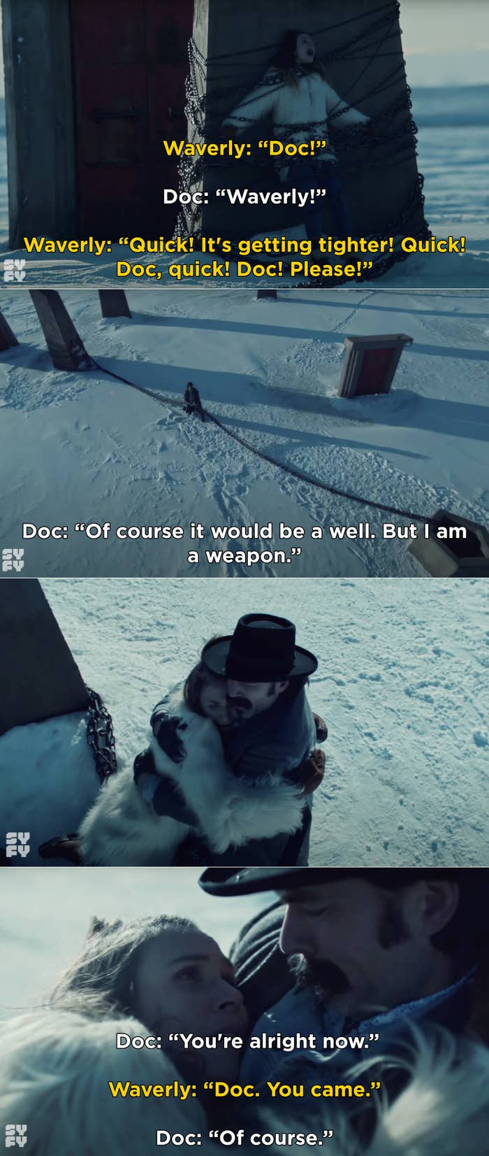 Waverly being strangled by chains in the Garden and Doc coming to her rescue