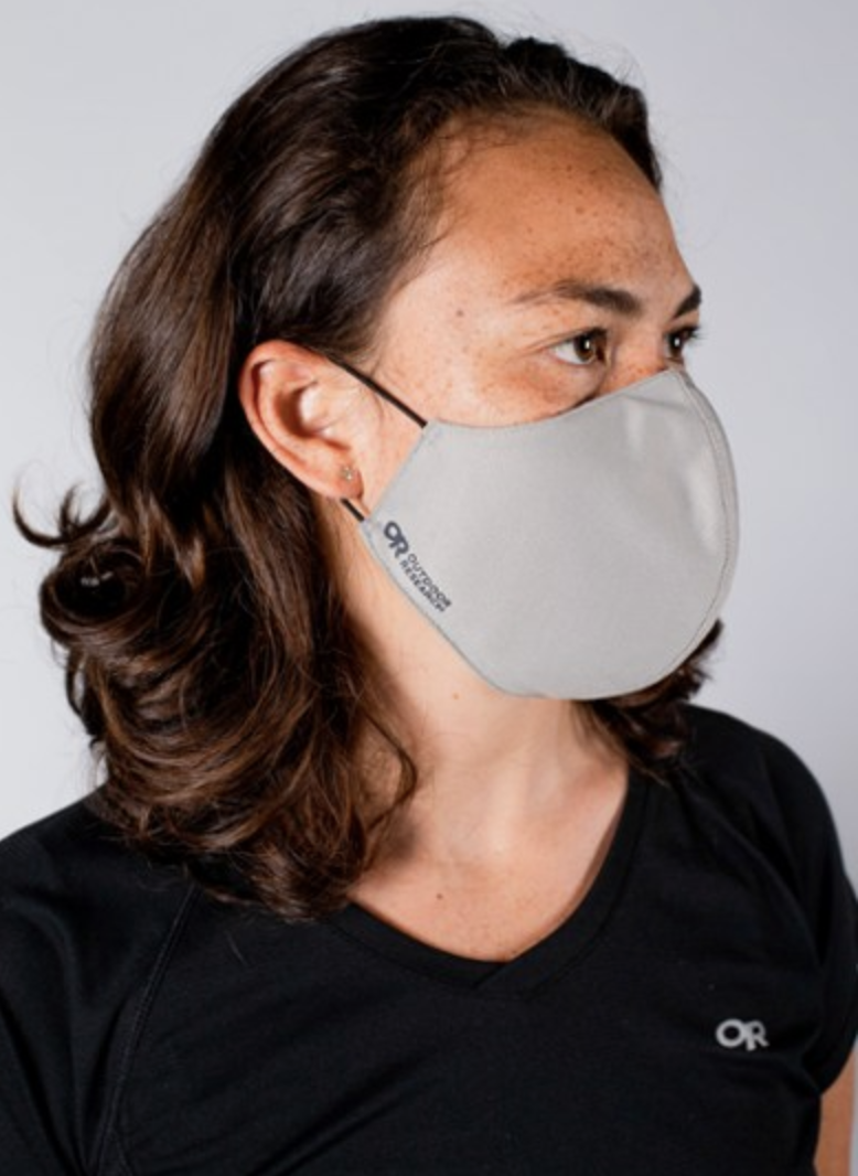 A model in a gray face mask 