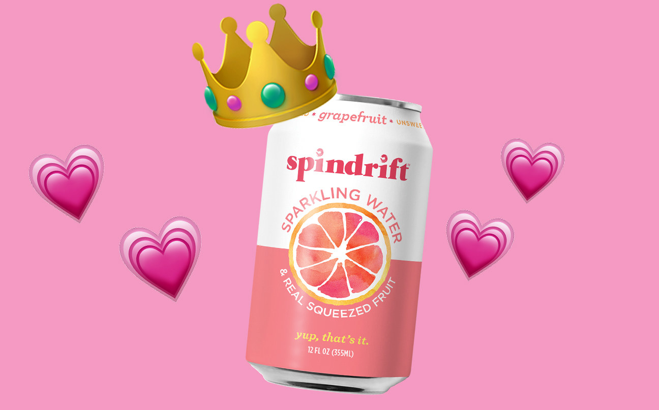 A can of spindrift sparkling water with a crown on top. The can is surrounded by hearts.