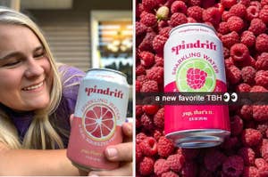 On the left, a girl smiles at a can of spindrift grapefruit seltzer. On the right, a can of spindrift raspberry over a bed of raspberries. 