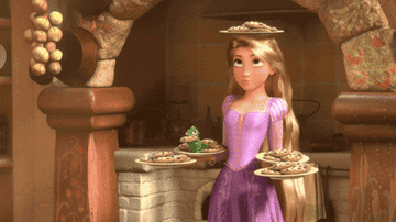 Rapunzel from Tangled carrying five plates of cookies