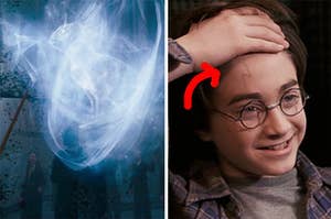 Luna Lovegood's patronus and Harry potter showing off his scar with an arrow pointing to it