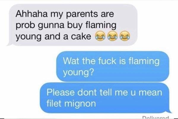 Person misspelling filet mignon as flaming young