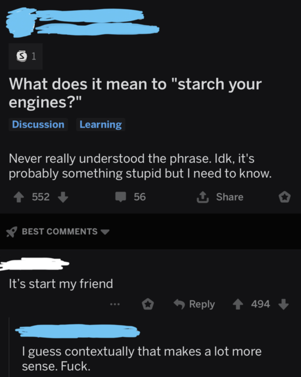 Person misspelling start your engines as starch your engines