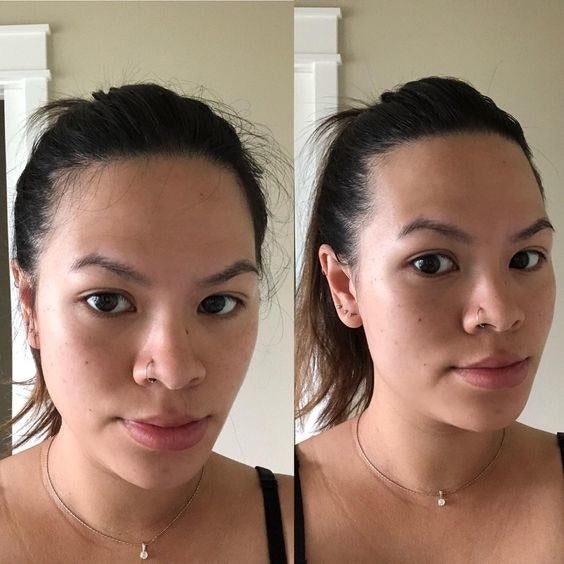 Reviewer&#x27;s before-and-after of their hair with baby hairs and then slicked back 
