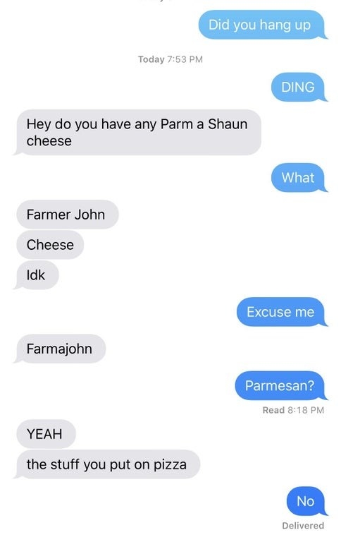 Person misspelling parmesan cheese as farmer john cheese