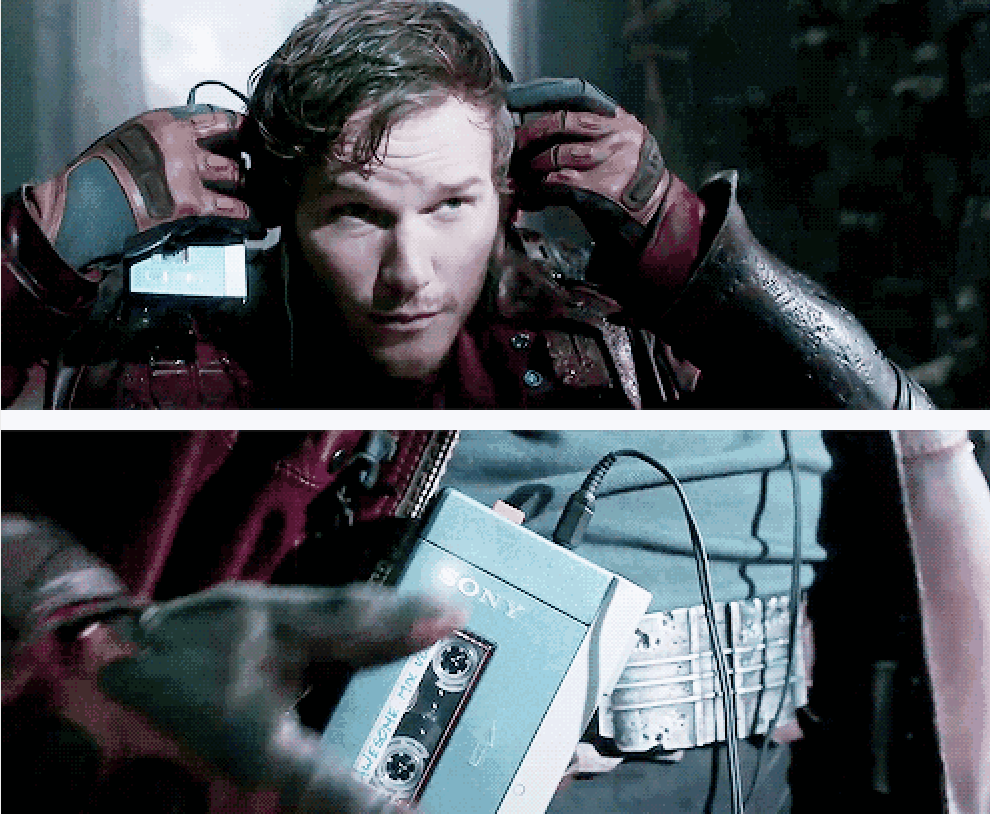 Star-Lord using his cassette player