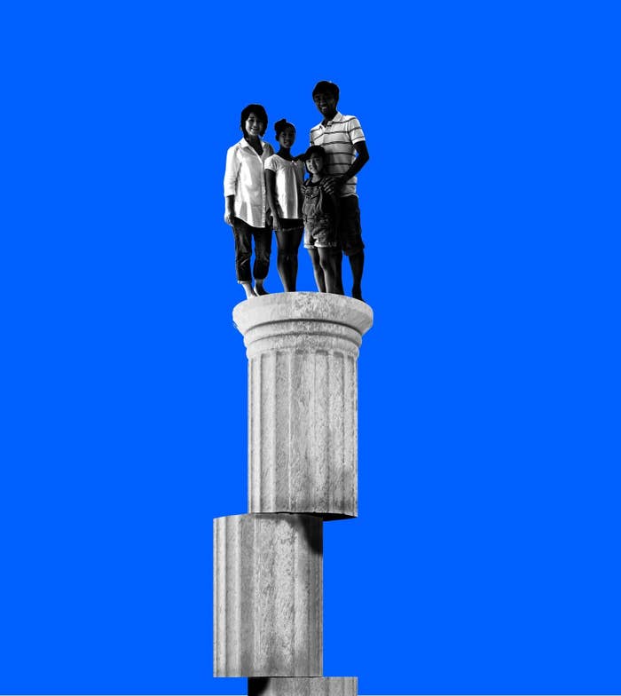 An illustration of a family on an unstable column