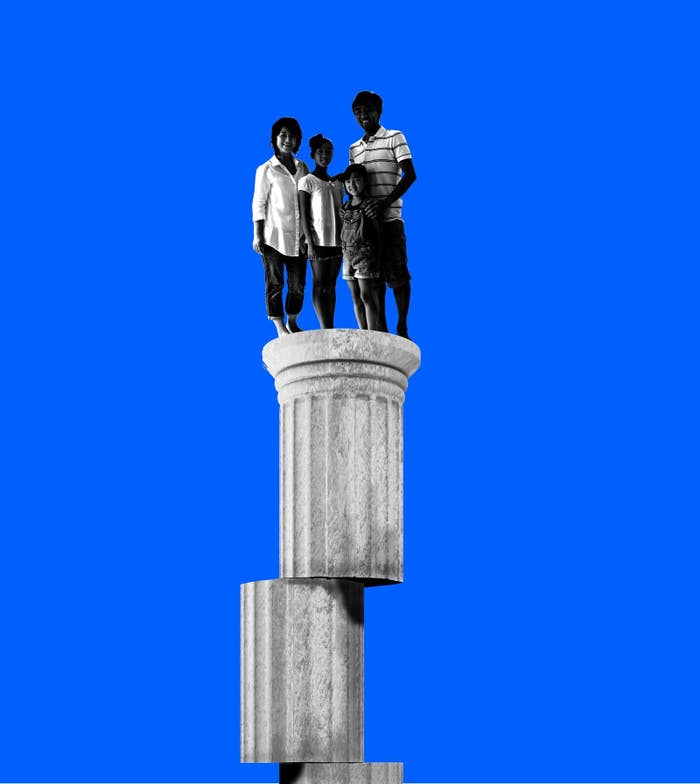 An illustration of a family on an unstable column