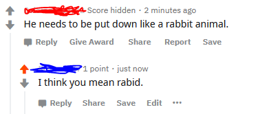 Person misspelling rabid as rabbit