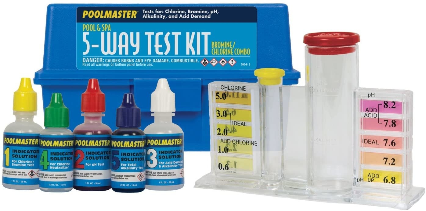A product shot shows the five solutions and  clear test block included in the kit 