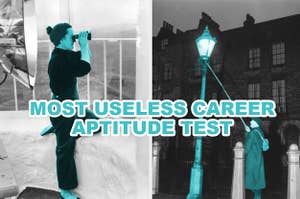 side-by-side images of a lighthouse keeper and a lamp lighter with text that says "most useless career aptitude test"