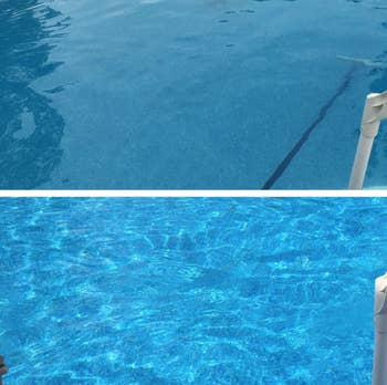 A reviewer's pool is a murky blue before treatment and a clear, sparkling blue after