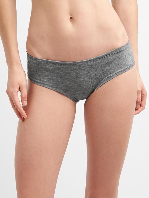 Model wearing the hipster undies in gray