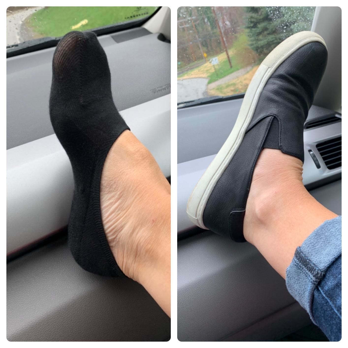 Reviewer wearing the socks showing you can&#x27;t see them at all while wearing slip-ons