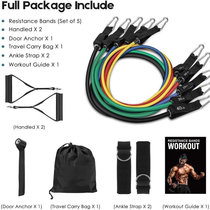 The resistance bands in different colors with links at the end to attach to the handles, which have metal carabiners on the end, so that you can layer the bands. There's also a black door anchor, travel pouch, ankle straps, and a workout book