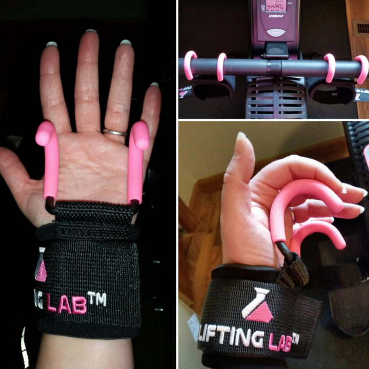 A reviewer shows their hand from the front and side while wearing the wrist hooks