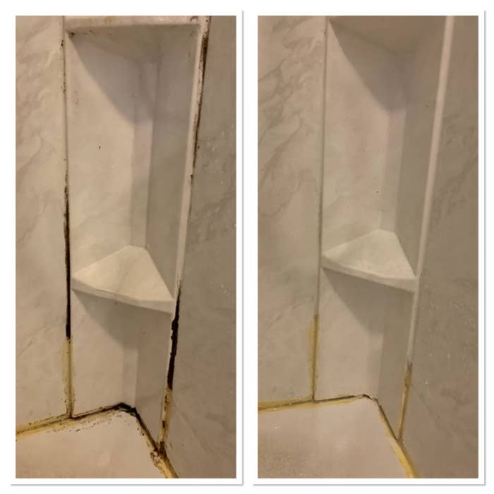 A reviewer&#x27;s before/after of a shower corner with black mold, and then the same corner clean