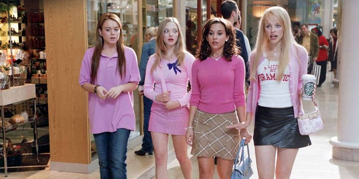 All four &#x27;Plastics&#x27; in &quot;Mean Girls&quot; walk around the mall wearing pink outfits.