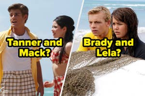 The two main couples of Teen Beach Movie, one labeled "Tanner and Mack?" and the other labeled "Brady and Lela?"