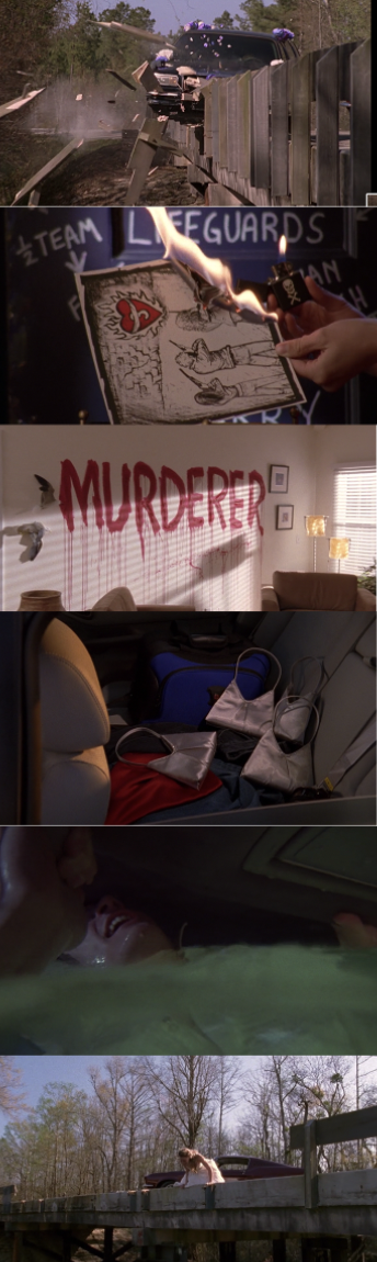 the limo crashes into the water, Peyton burns the picture of her, Brooke and Lucas, Dan sees "murderer" written on his wall, Lucas has 3 identical purses in his car, and Haley shouts for Nathan as he is stuck in the water-filled car