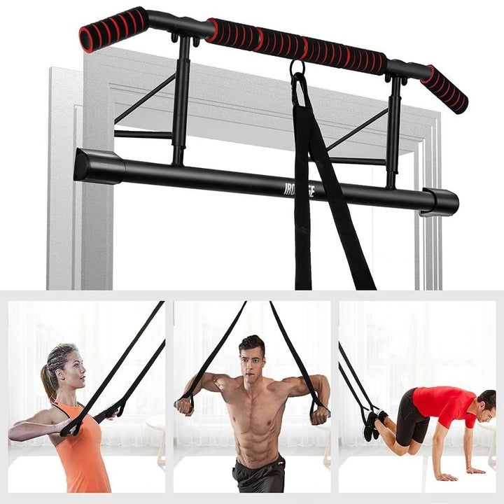 The pull up bar and three models doing upright rows, tricep dips, and atomic push ups with the suspension straps