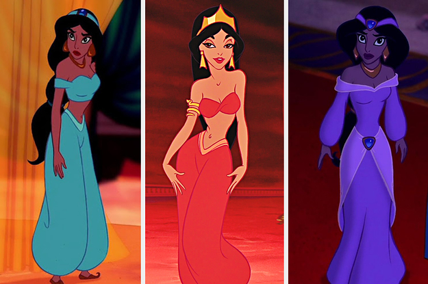Jasmine's three main outfits in Aladdin (blue, red, and purple)