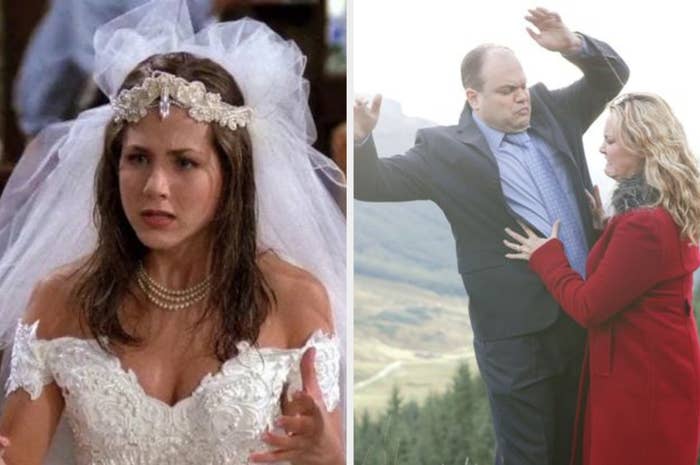 On the left Rachel from Friends is talking and wearing a wedding dress, on the right Janine pushes Barry off the edge of a cliff in Eastenders
