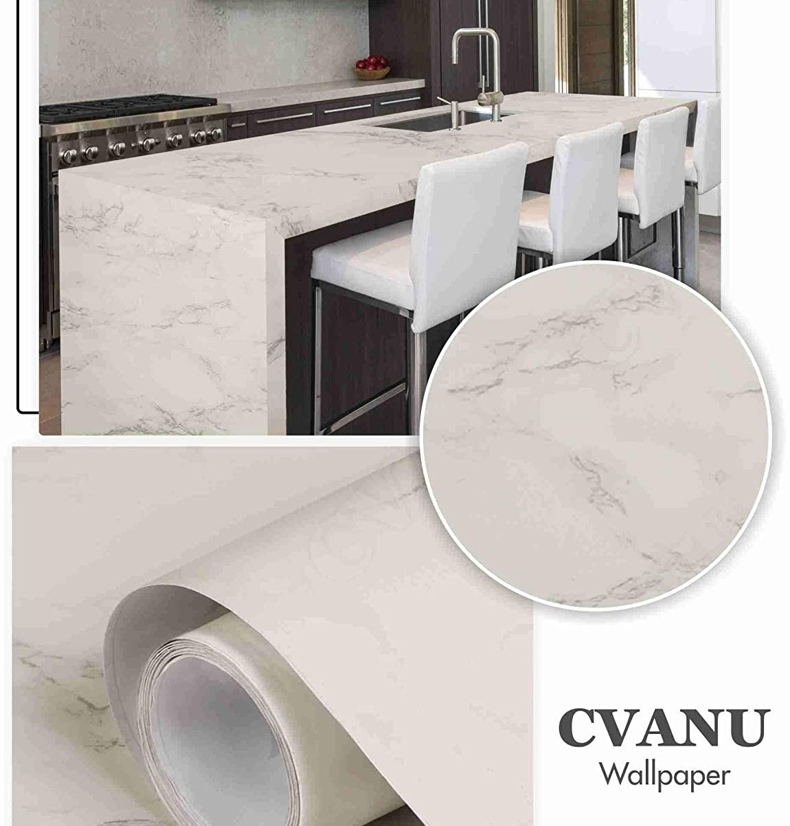 A collage showing a roll of marble contact paper and a kitchen counter installed with it.
