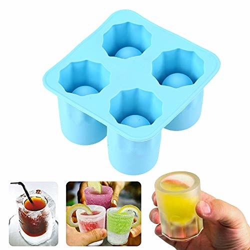 A collage showing a blue ice shot glass maker with multiple ice shot glasses holding different drinks.