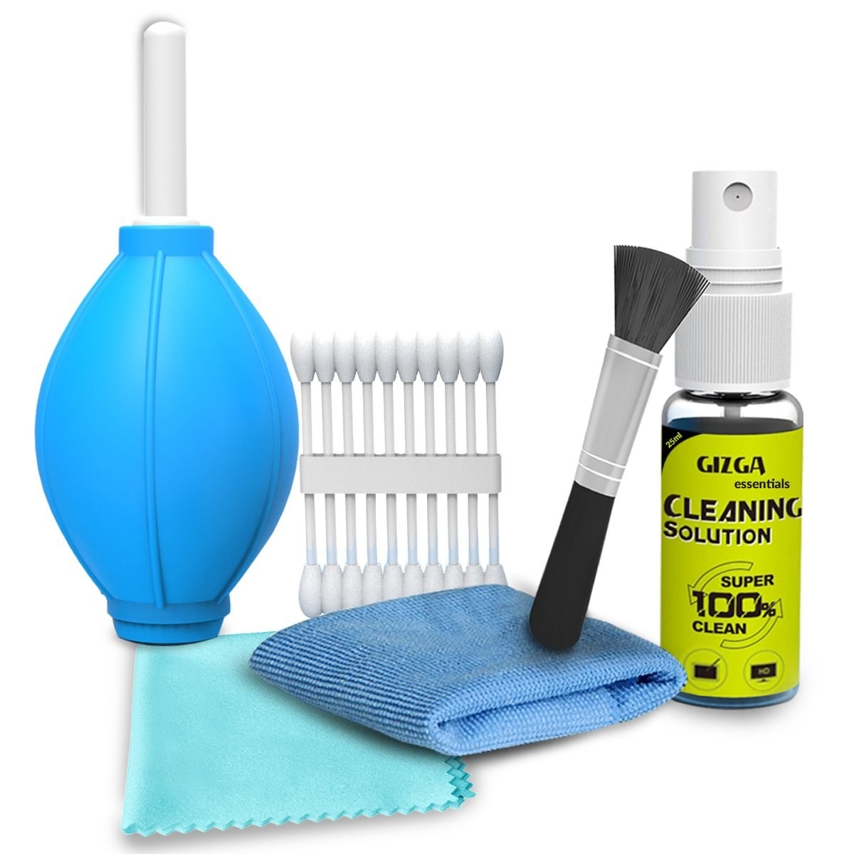 The kit contains an Air Blower, Cotton Swabs, a Micro-Fiber Cloth, an Anti-static Cleaning Brush and an Antibacterial Cleaning Solution.
