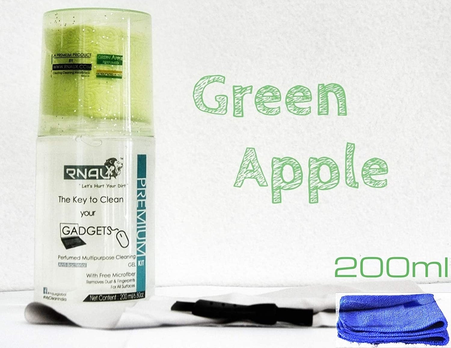 A green apple-scented cleaning solution and cleansing fabric