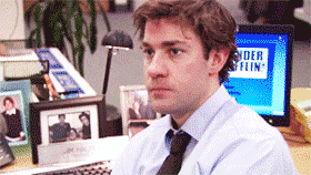 Jim shaking his head and seemingly saying &quot;no&quot; in an episode of The Office