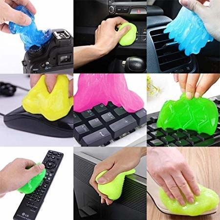A collage of the cleaning gel being used to gather dust from different surfaces