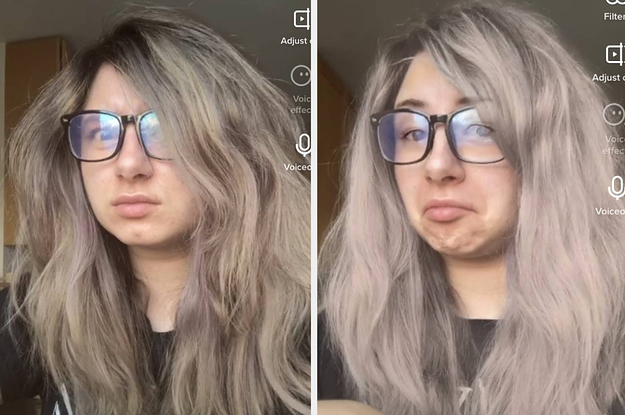 blonde glasses grey top