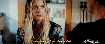 Caleb saying &quot;What happens if you refuse to play?&quot; to Hanna on Pretty Little Liars Season 7.