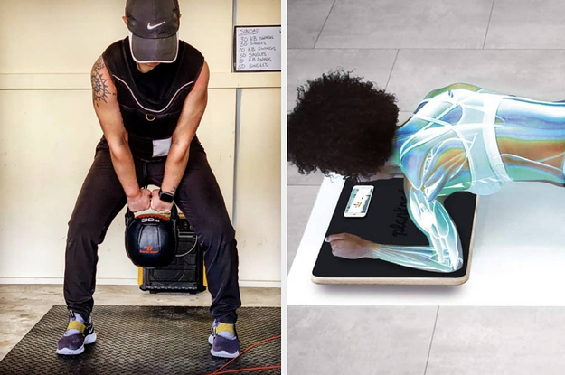 On the left, reviewer uses a black kettlebell to workout in their living room. On the right, model uses interactive Plankboard to workout their core