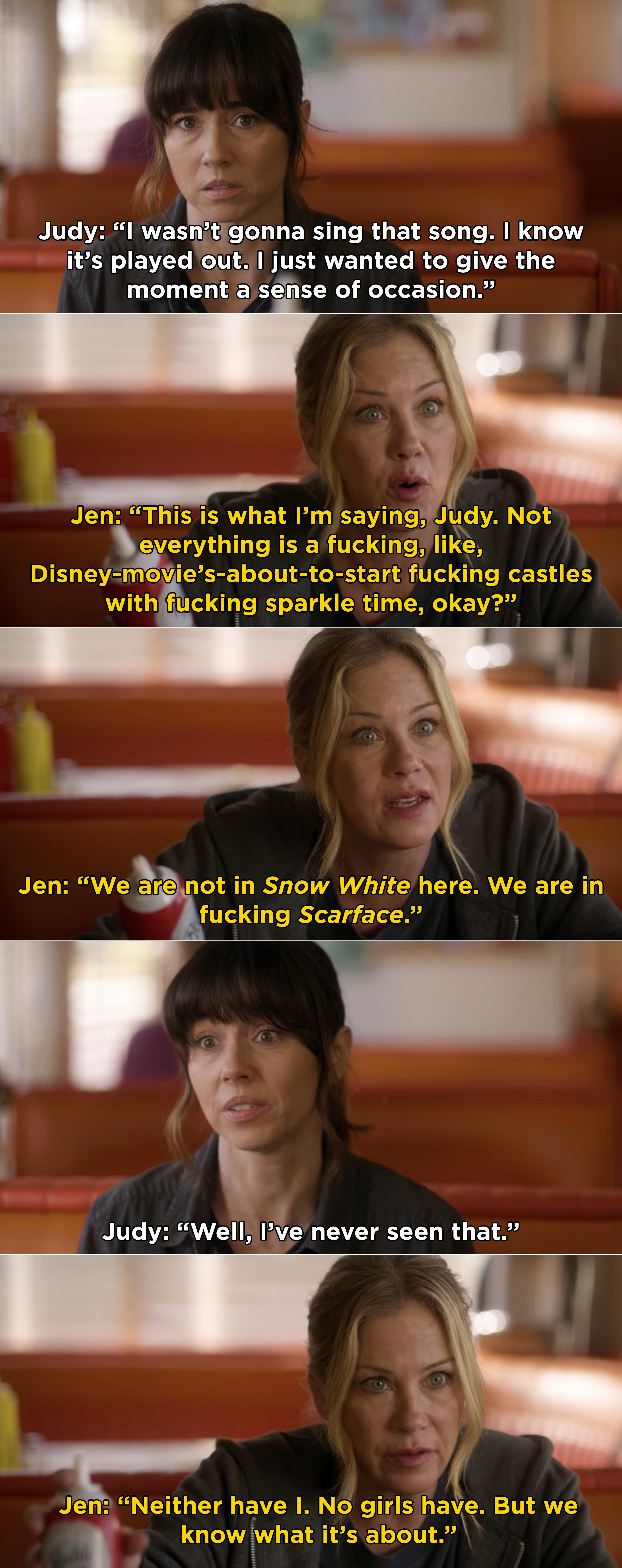 Judy and Jen talking in a diner after burying Steve&#x27;s body in the woods, and Jen comparing the experience to Scarface