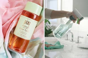 to the left: an orange bottle of skin tonic, to the left: a model using a spray bottle of cleaning product
