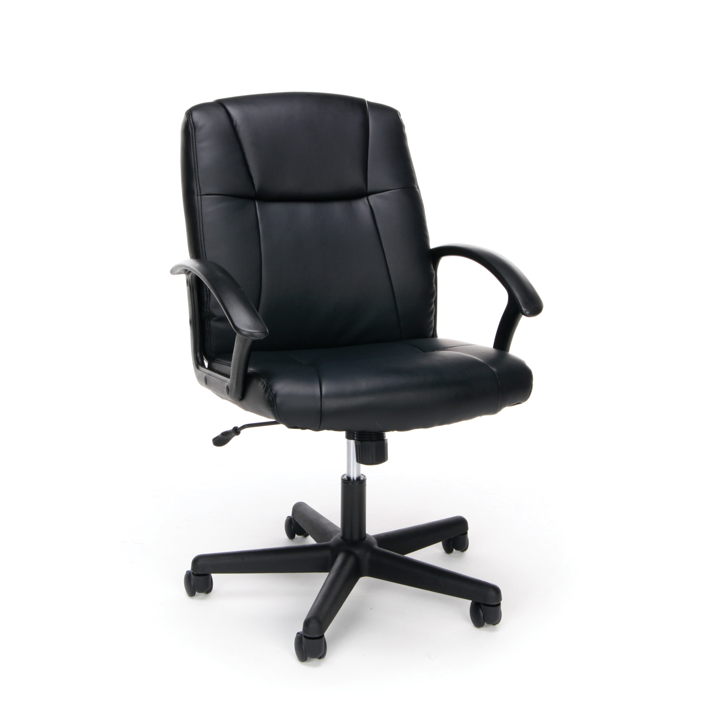 A black wheeled, revolving office chair that is height adjustable 