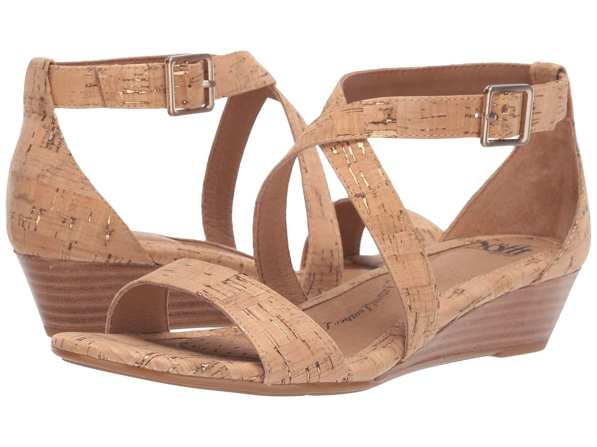 The Soft, strappy suede wedges in gold and natural cork. 