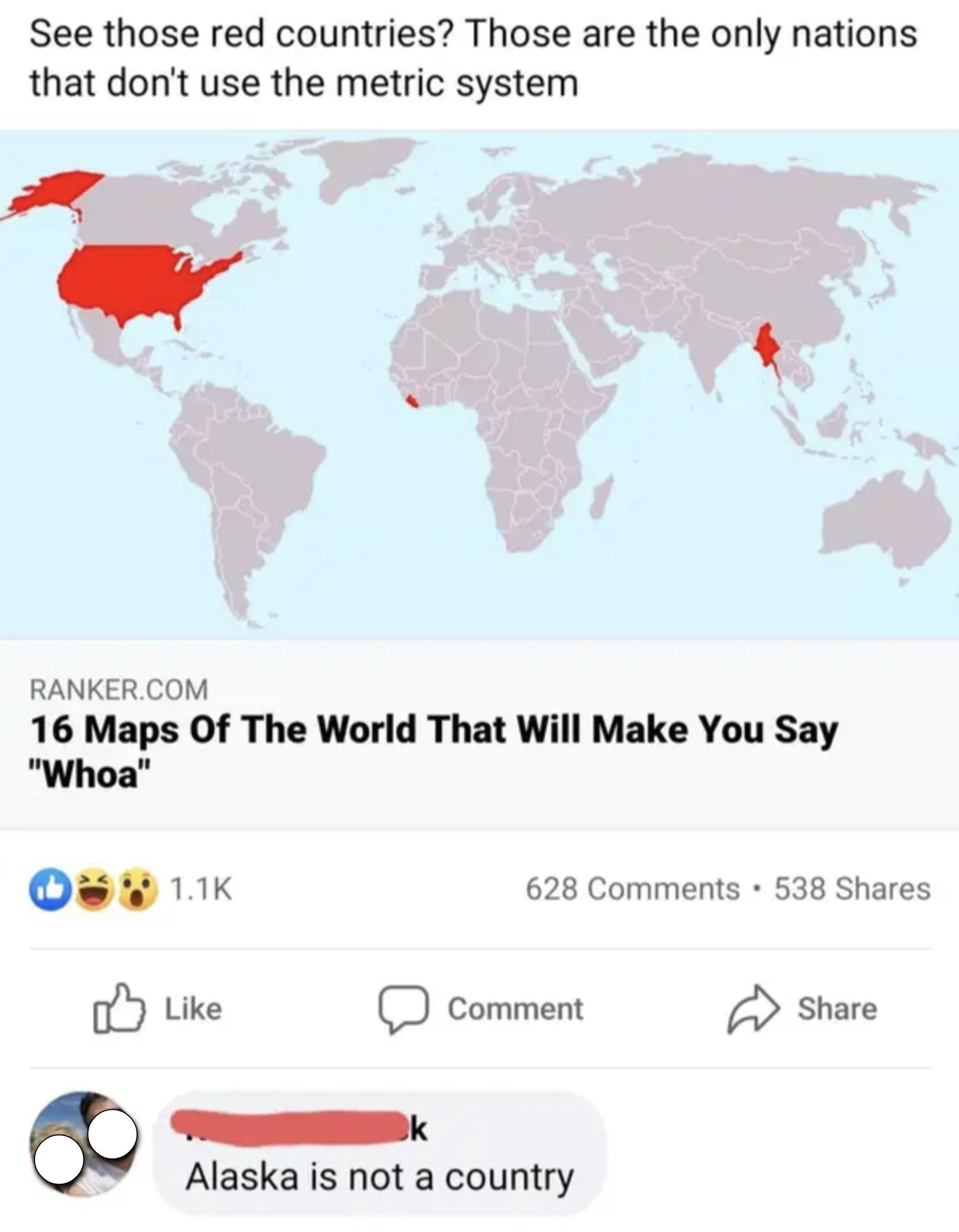 Map of the world highlighting countries that don&#x27;t use the metric system and Alaska is highlighted and a person responds that Alaska is not a country